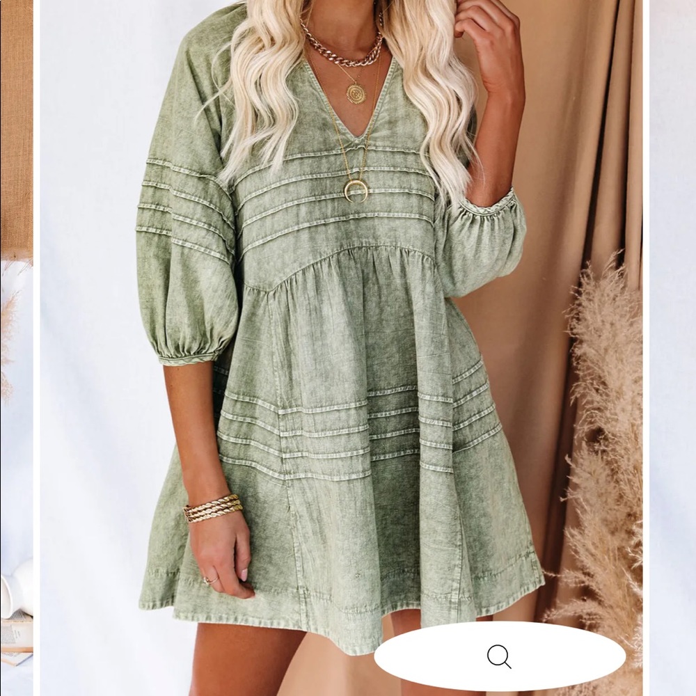 Vici IRVINE COTTON POCKETED DENIM BABYDOLL DRESS - WASHED OLIVE